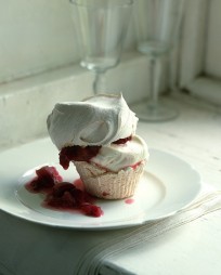 Meringue Cupcakes with Stewed Rhubarb and Raspberries - Martha Stewart Recipes